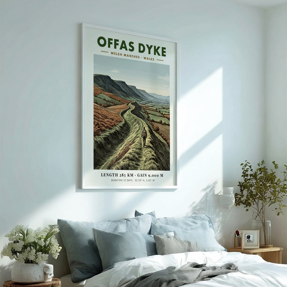 Poster of a hiker walking along the winding Offas Dyke ridge in Wales