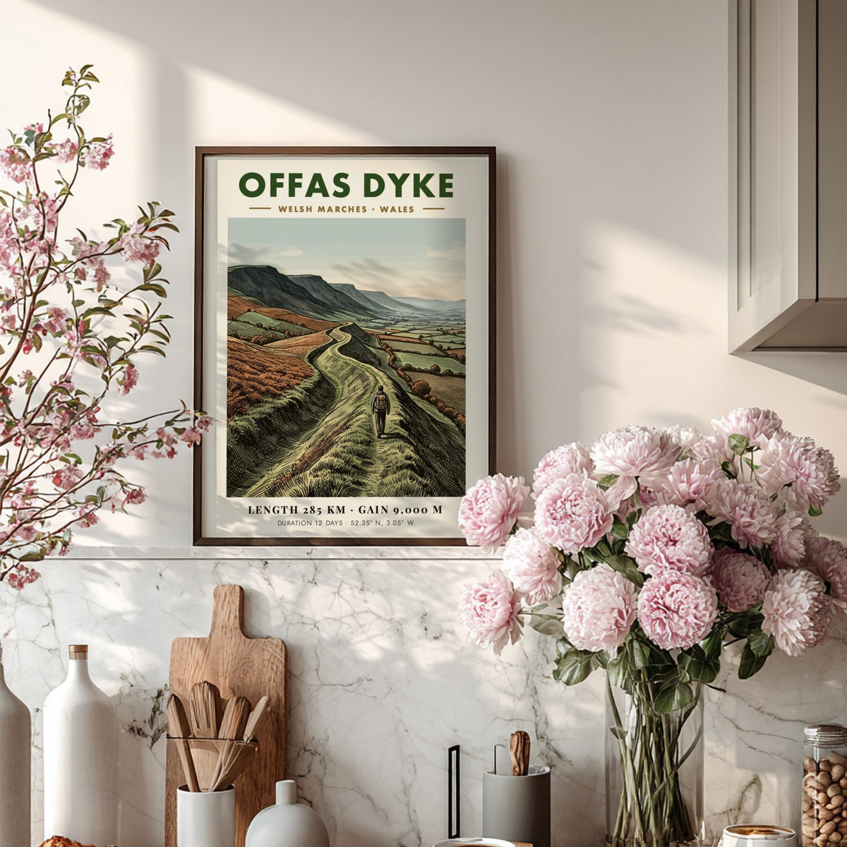 Poster of a hiker walking along the winding Offas Dyke ridge in Wales