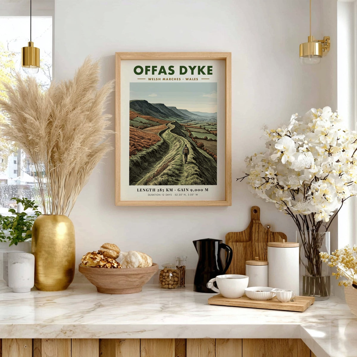 Poster of a hiker walking along the winding Offas Dyke ridge in Wales