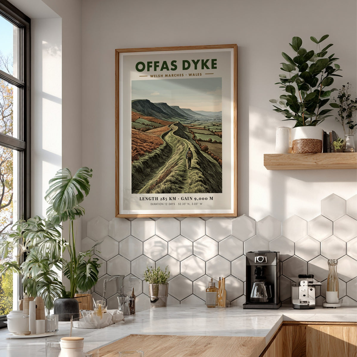 Poster of a hiker walking along the winding Offas Dyke ridge in Wales