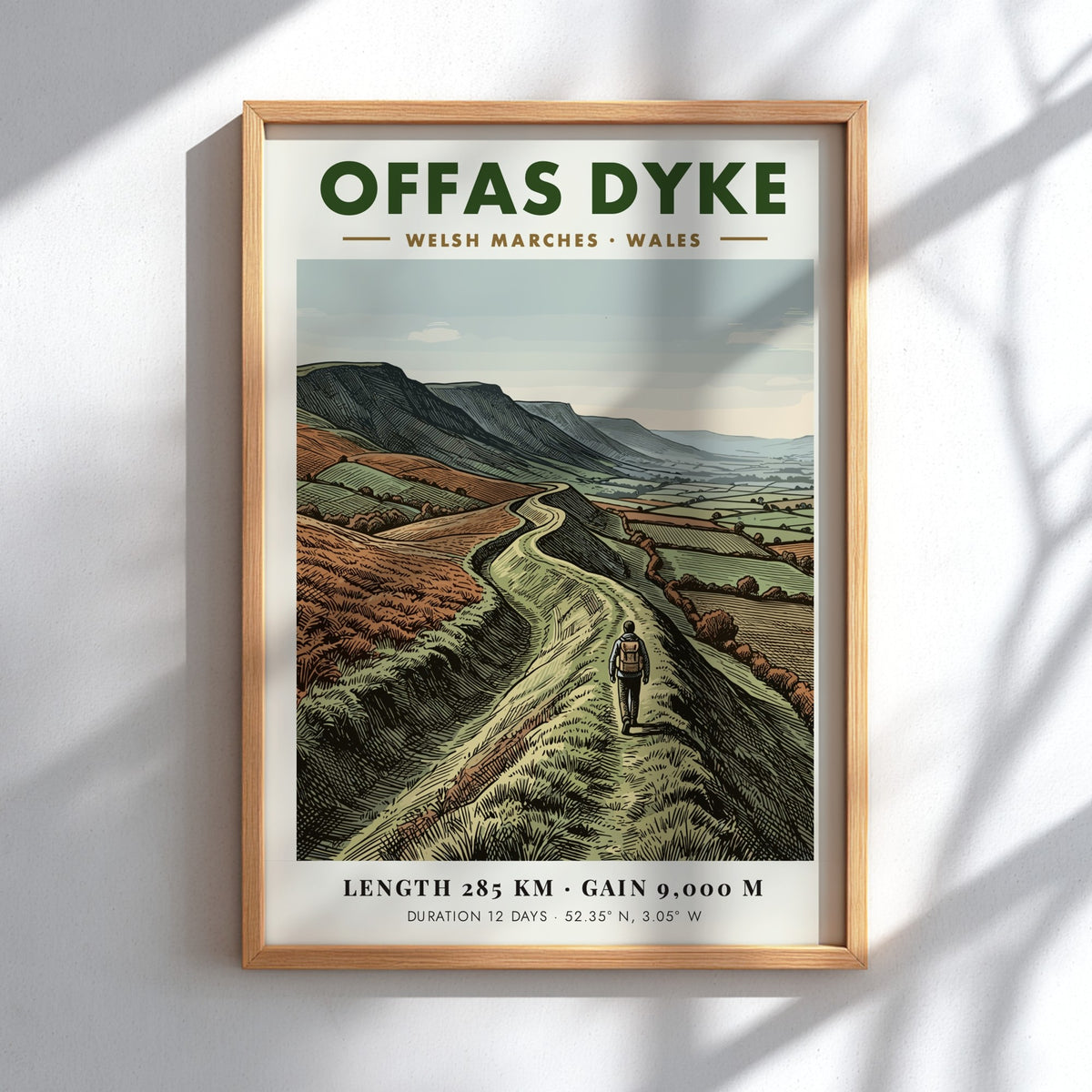 Poster of a hiker walking along the winding Offas Dyke ridge in Wales