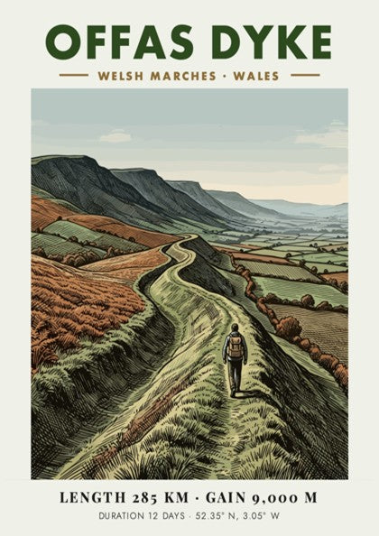Poster of a hiker walking along the winding Offas Dyke ridge in Wales
