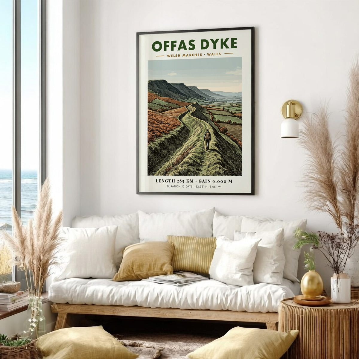 Poster of a hiker walking along the winding Offas Dyke ridge in Wales