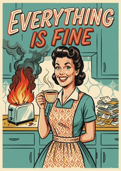 Poster featuring a retro woman holding coffee while a toaster burns in the background.