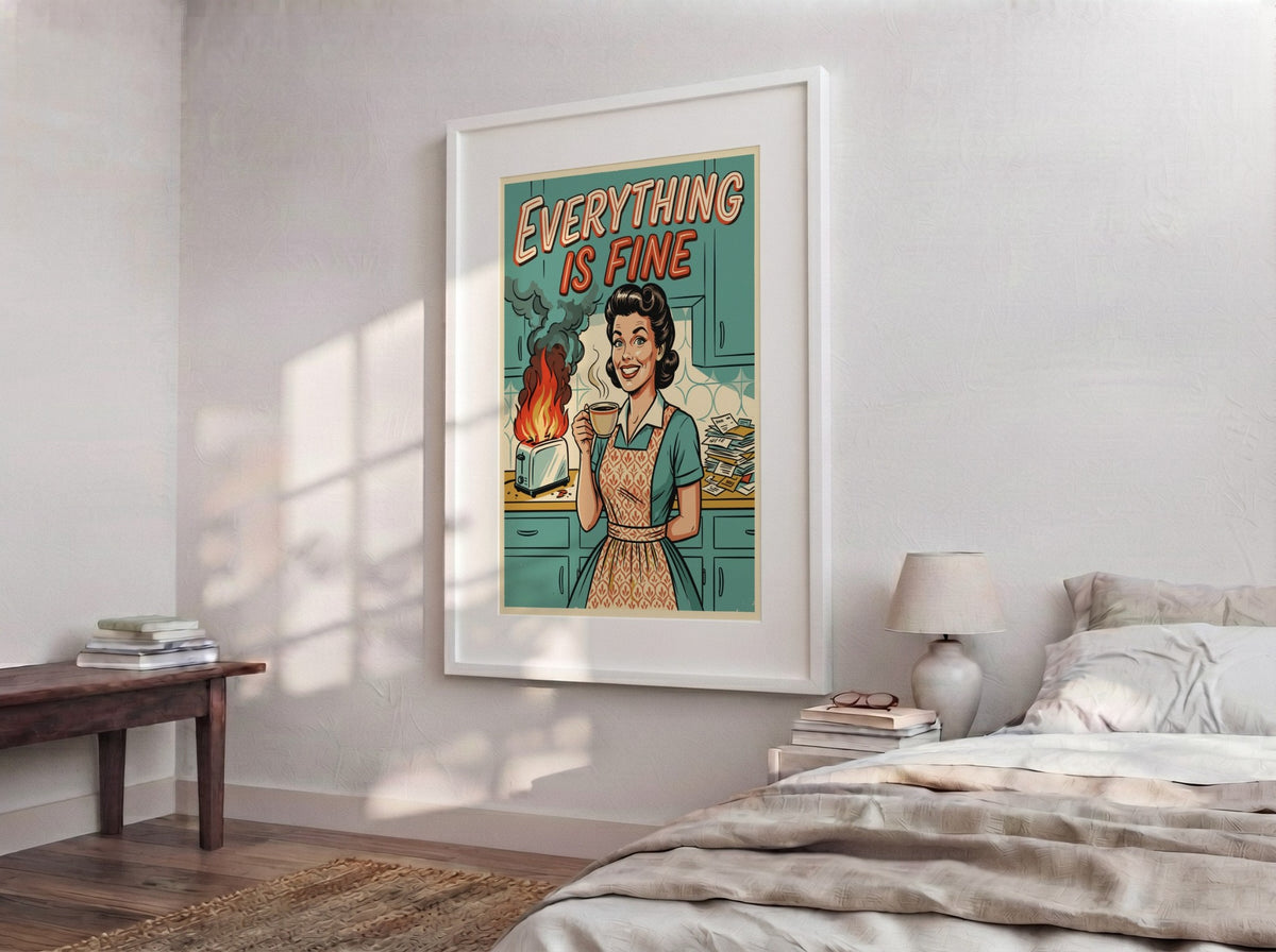Poster featuring a retro woman holding coffee while a toaster burns in the background.