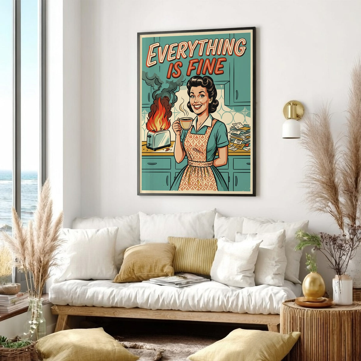 Poster featuring a retro woman holding coffee while a toaster burns in the background.