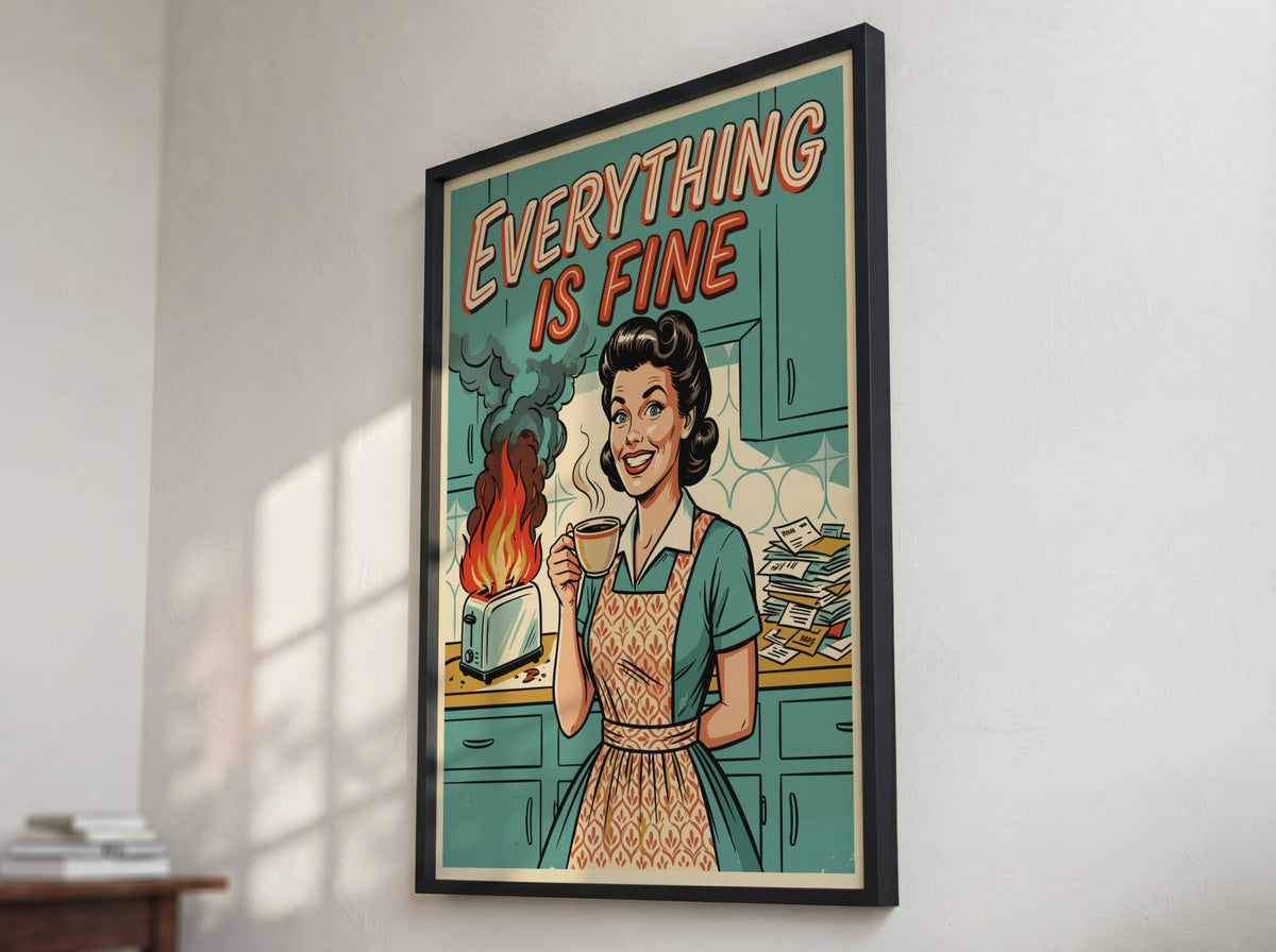 Poster featuring a retro woman holding coffee while a toaster burns in the background.
