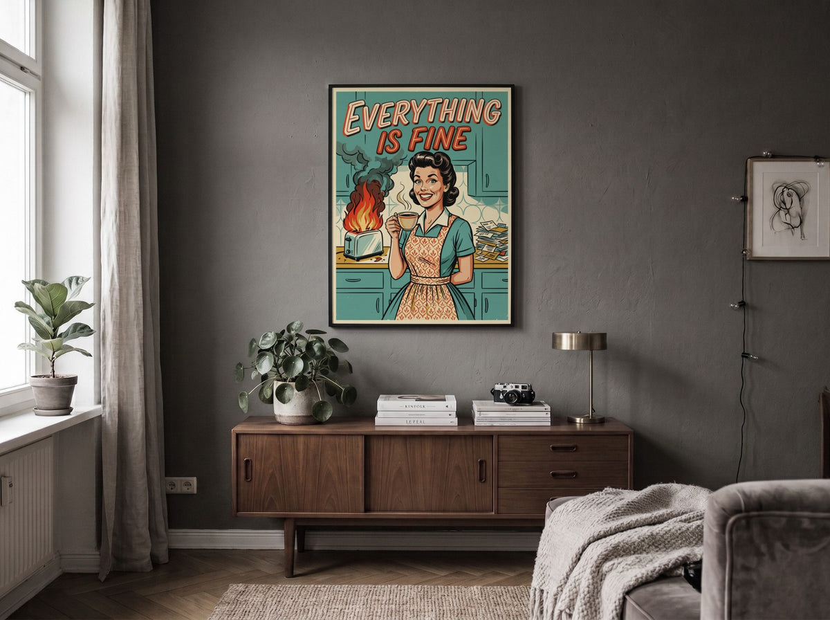Poster featuring a retro woman holding coffee while a toaster burns in the background.