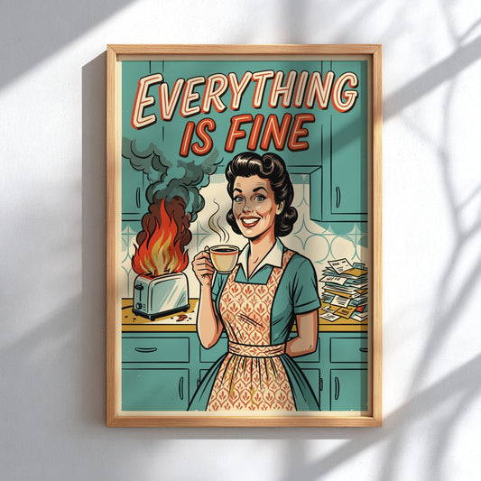 Poster featuring a retro woman holding coffee while a toaster burns in the background.
