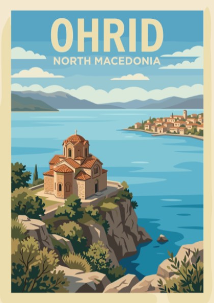Poster featuring the historic church of Ohrid North Macedonia overlooking a blue lake