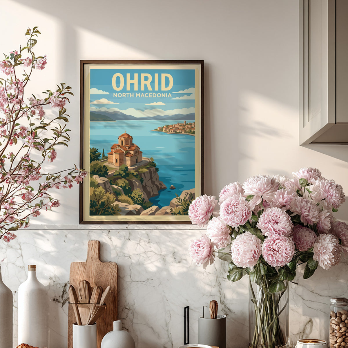 Poster featuring the historic church of Ohrid North Macedonia overlooking a blue lake