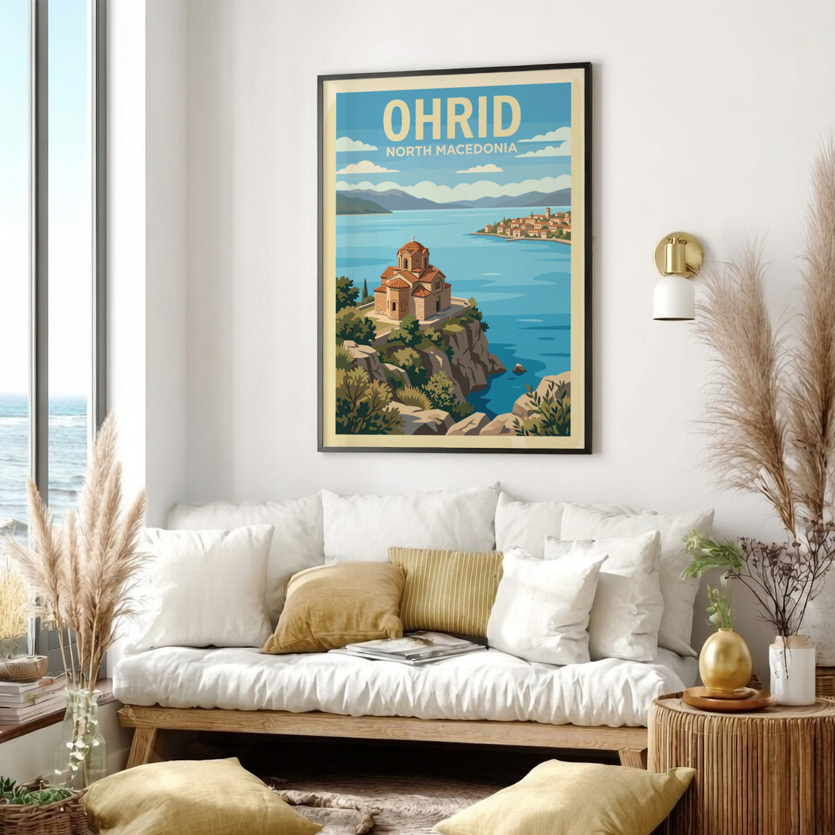 Poster featuring the historic church of Ohrid North Macedonia overlooking a blue lake