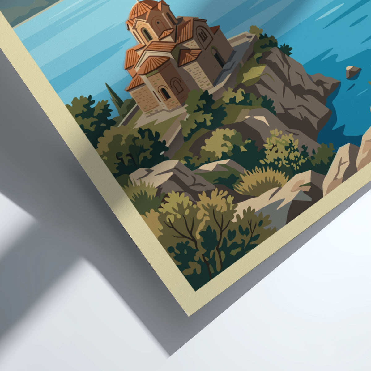 Poster featuring the historic church of Ohrid North Macedonia overlooking a blue lake