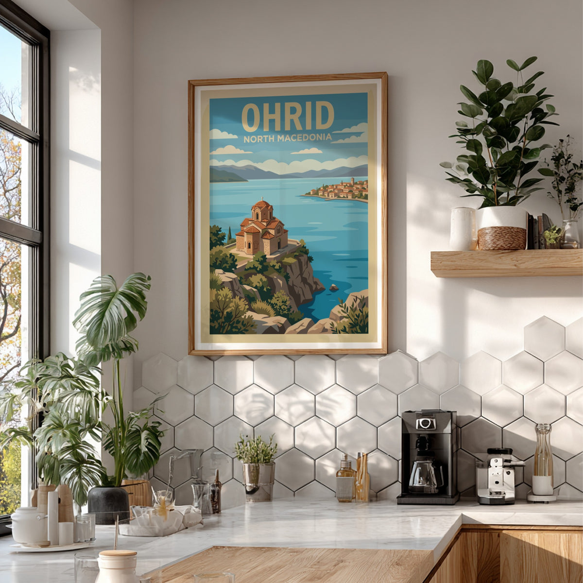 Poster featuring the historic church of Ohrid North Macedonia overlooking a blue lake