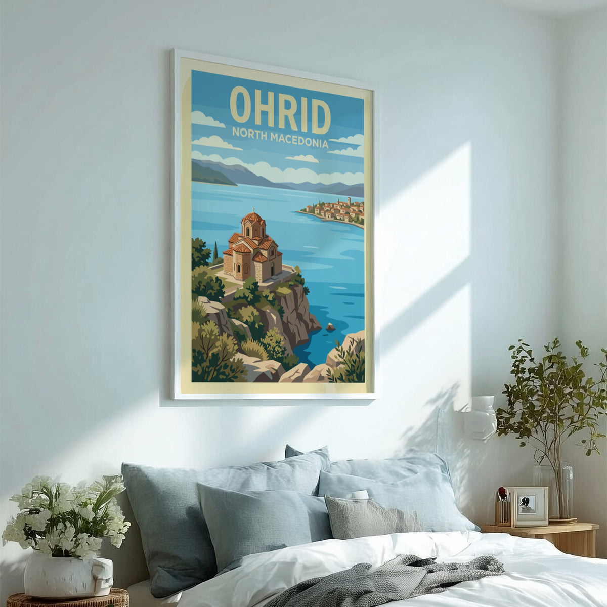 Poster featuring the historic church of Ohrid North Macedonia overlooking a blue lake