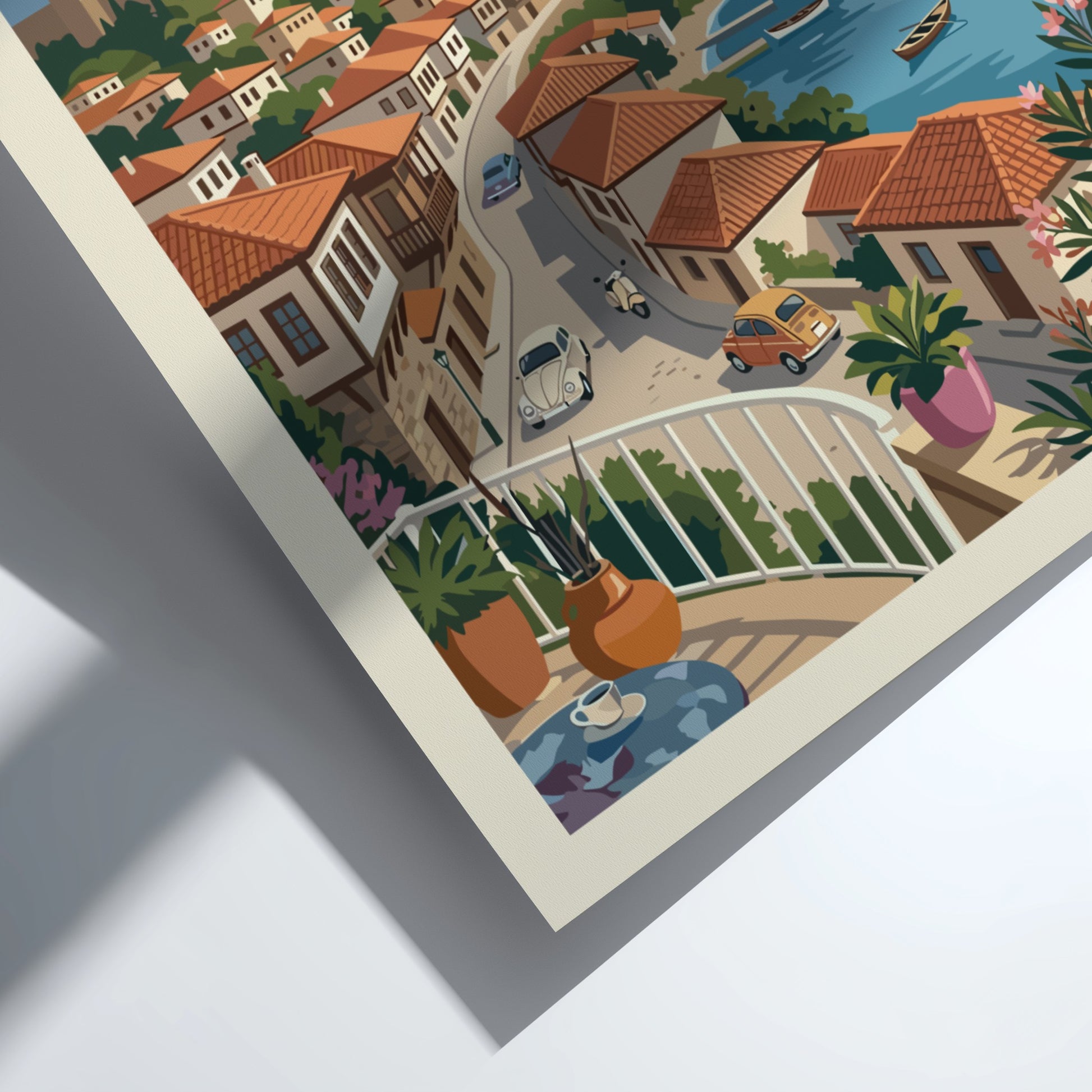 Vintage travel poster of Ohrid, North Macedonia, featuring town and lake in retro illustration style.