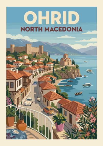 Vintage travel poster of Ohrid, North Macedonia, featuring town and lake in retro illustration style.