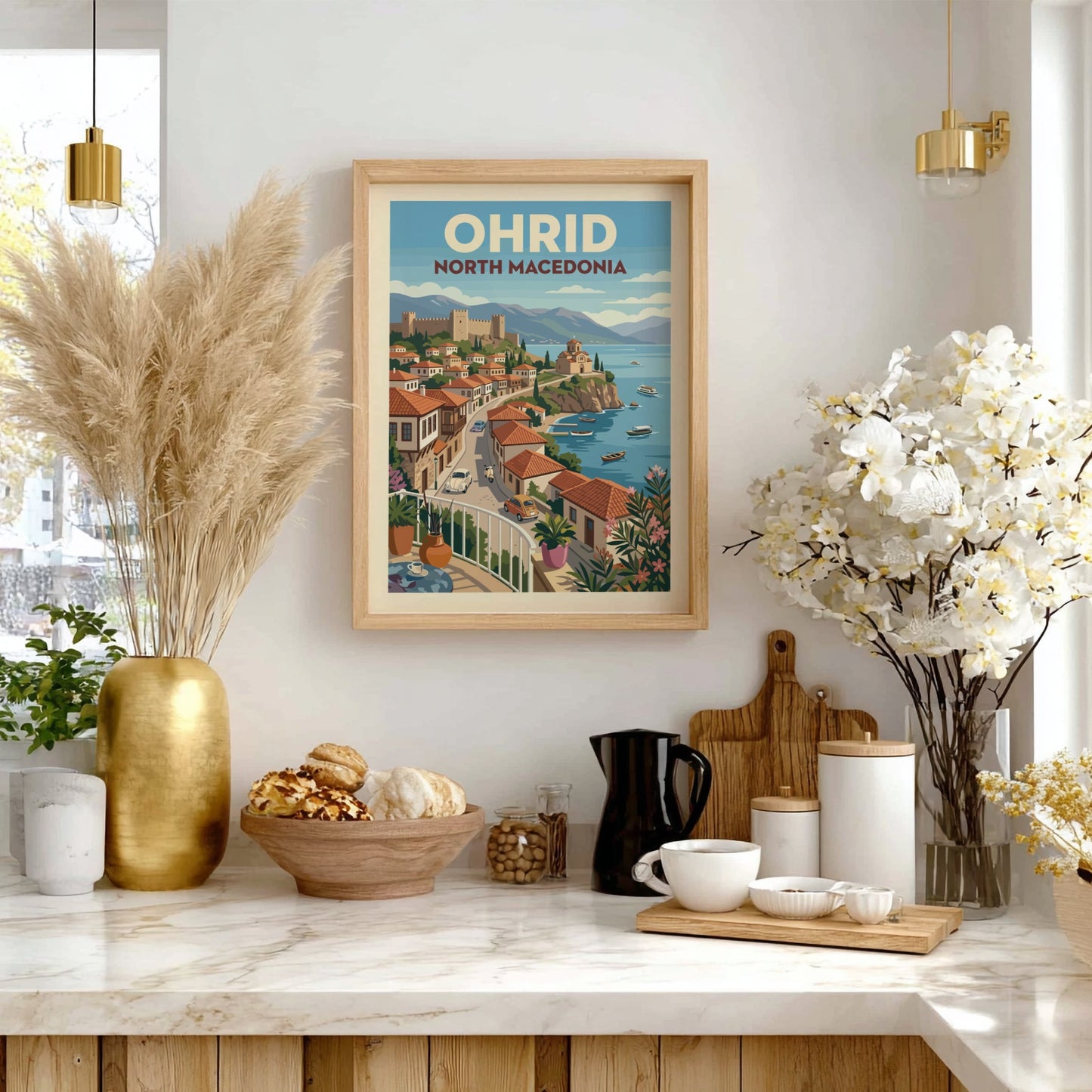Vintage travel poster of Ohrid, North Macedonia, featuring town and lake in retro illustration style.
