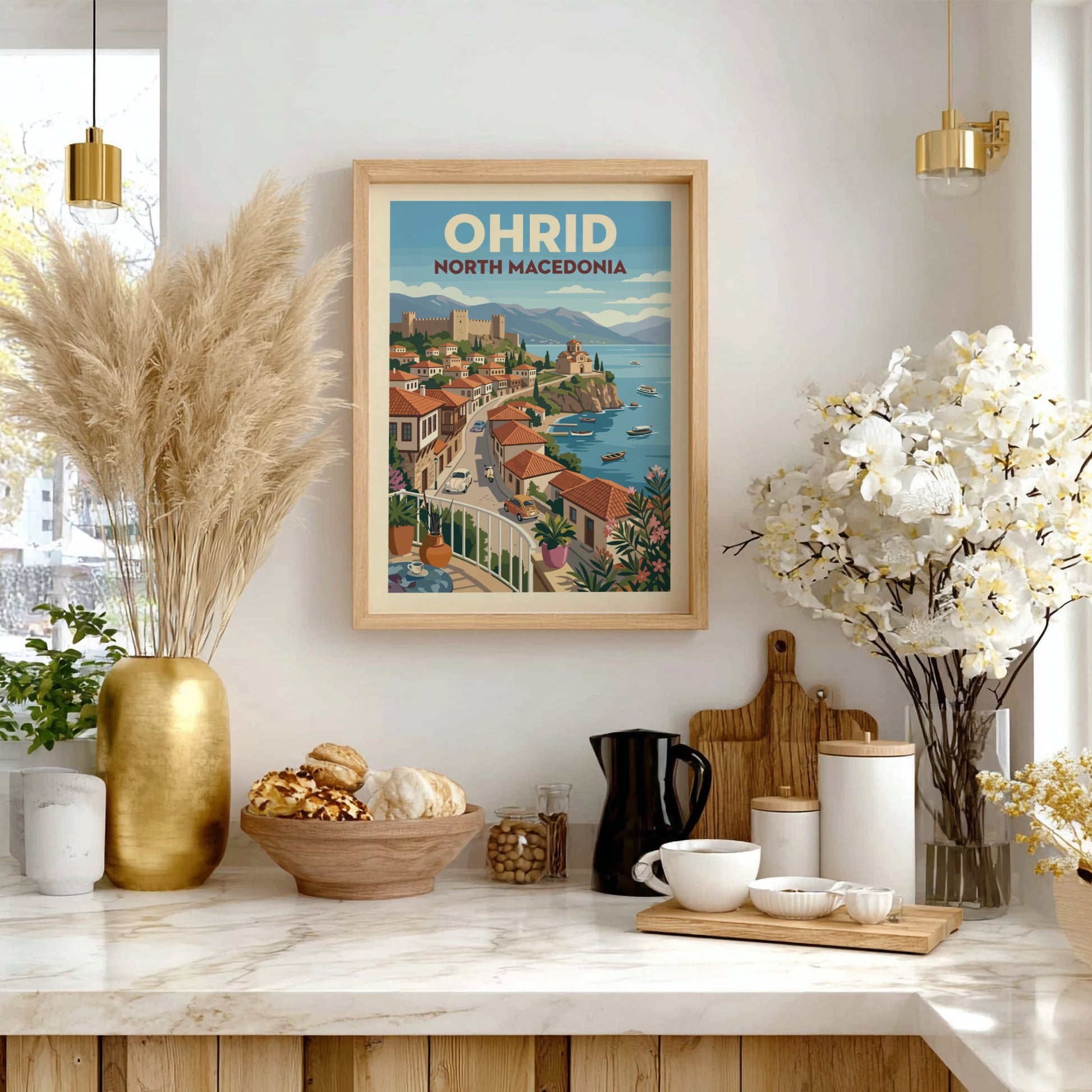 Vintage travel poster of Ohrid, North Macedonia, featuring town and lake in retro illustration style.