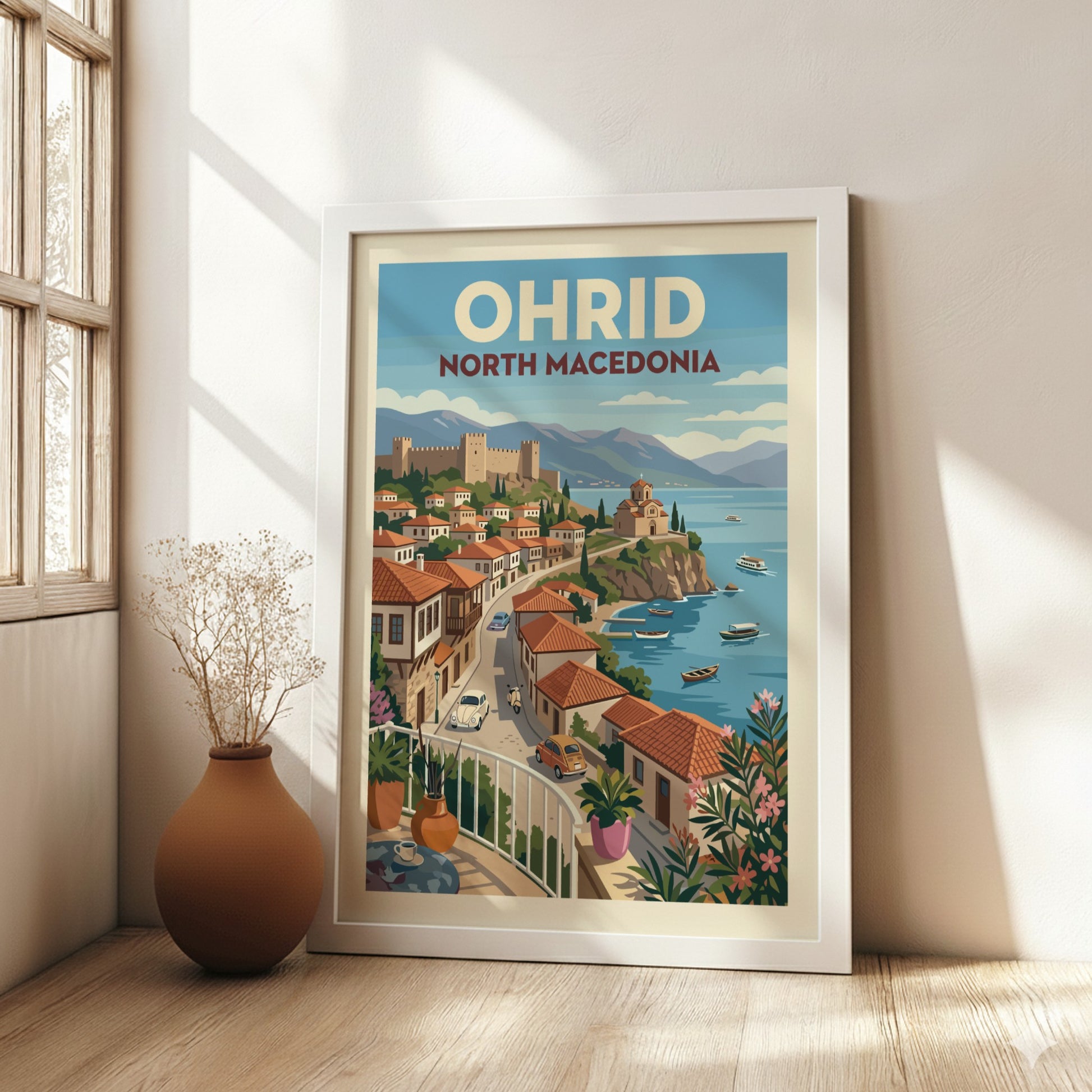 Vintage travel poster of Ohrid, North Macedonia, featuring town and lake in retro illustration style.