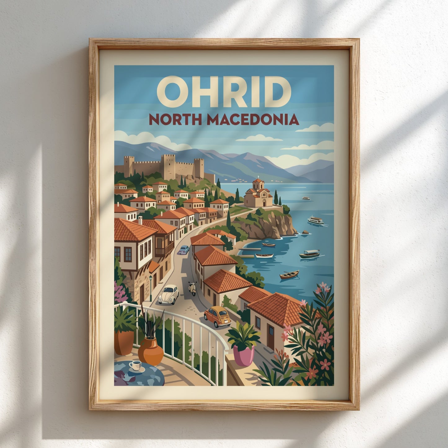 Vintage travel poster of Ohrid, North Macedonia, featuring town and lake in retro illustration style.