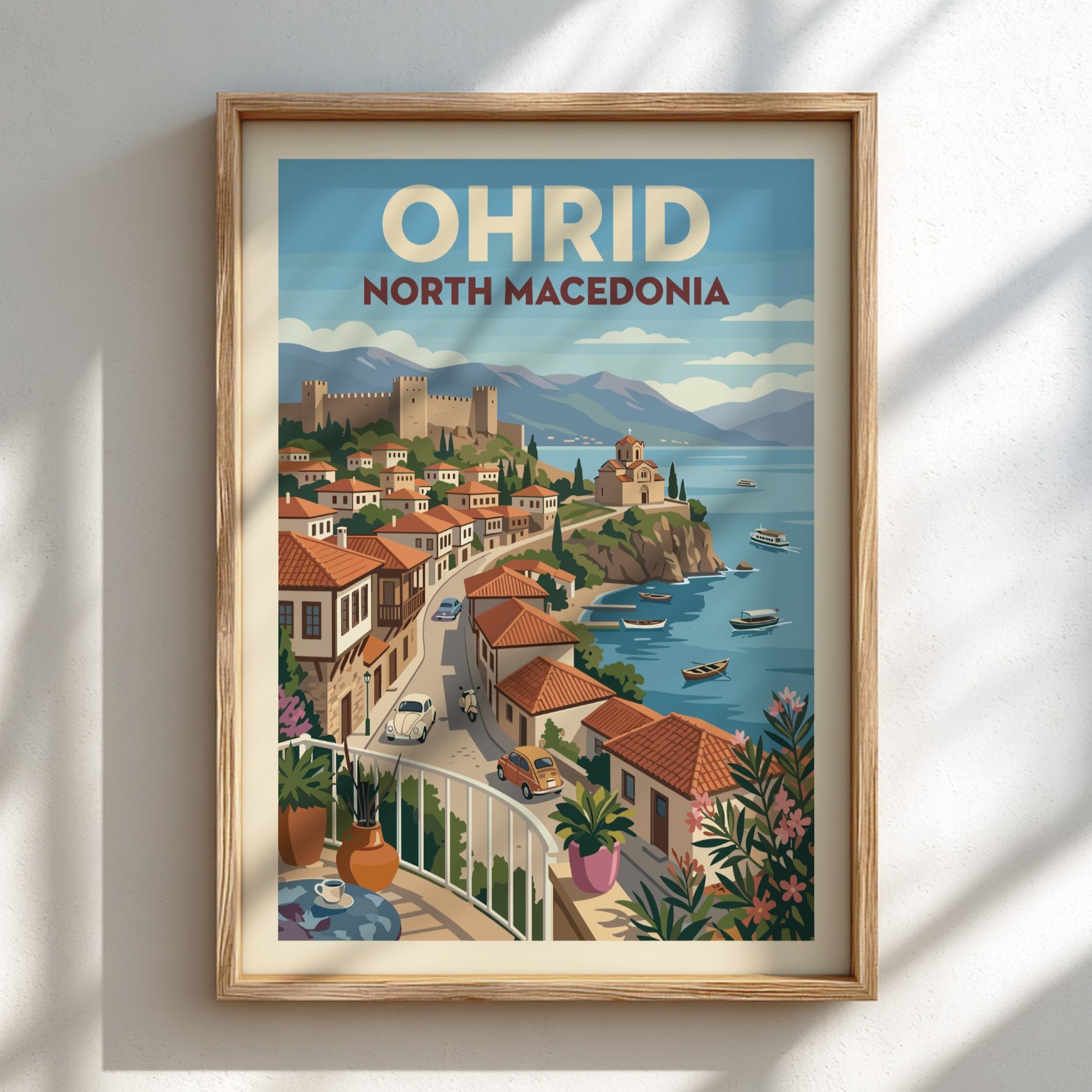 Vintage travel poster of Ohrid, North Macedonia, featuring town and lake in retro illustration style.