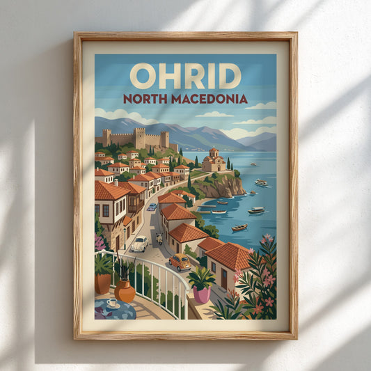 Vintage travel poster of Ohrid, North Macedonia, featuring town and lake in retro illustration style.