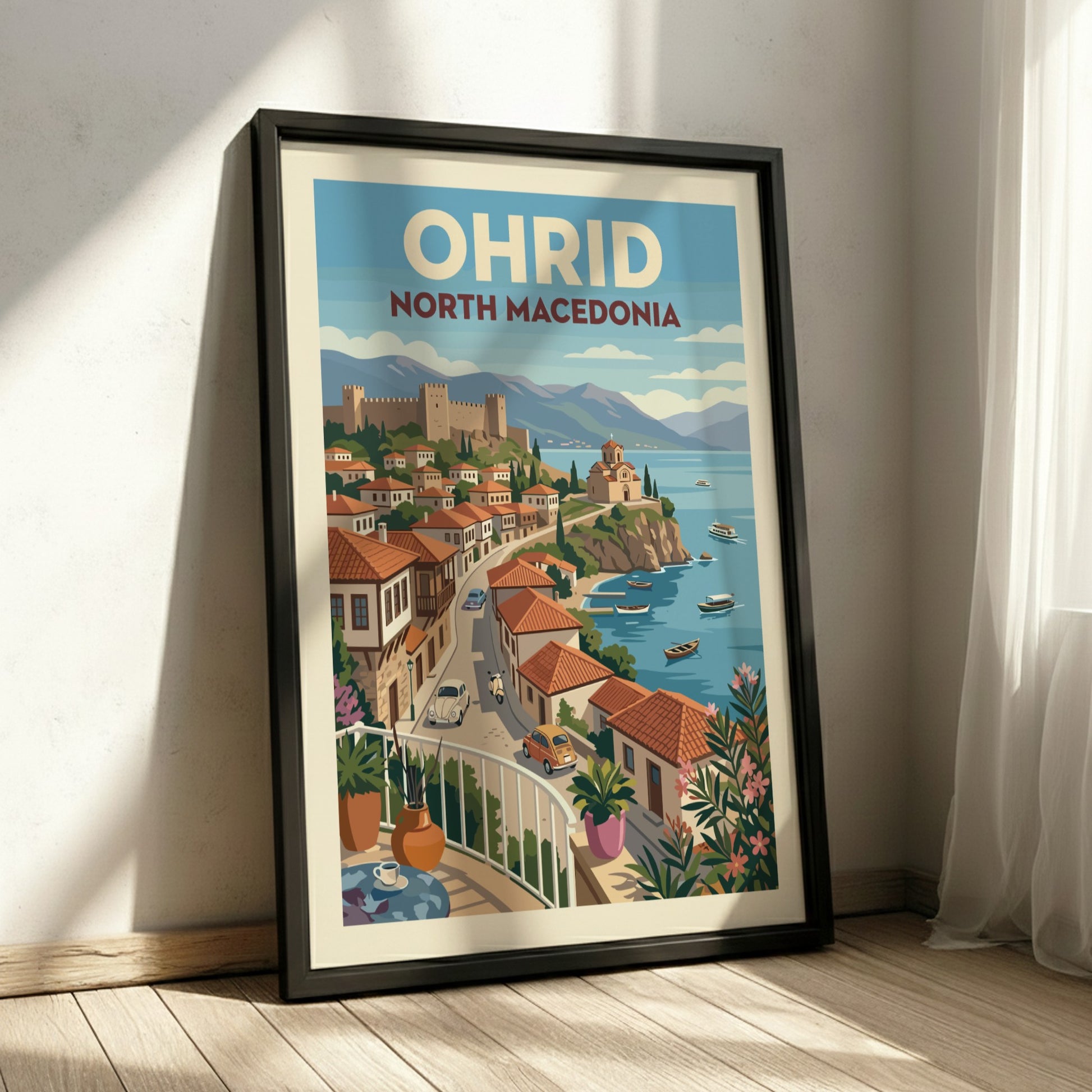 Vintage travel poster of Ohrid, North Macedonia, featuring town and lake in retro illustration style.