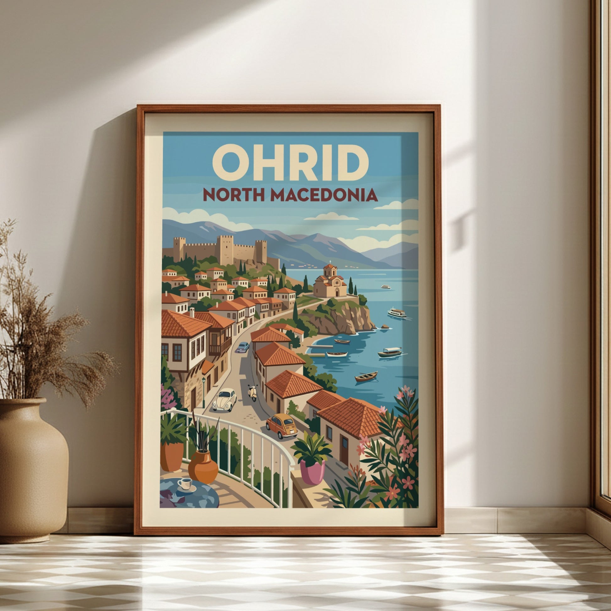 Vintage travel poster of Ohrid, North Macedonia, featuring town and lake in retro illustration style.