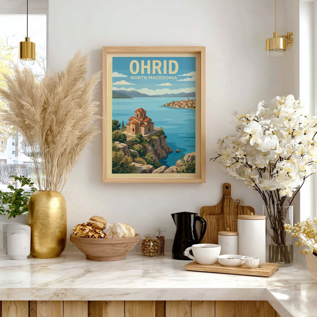 Poster featuring the historic church of Ohrid North Macedonia overlooking a blue lake