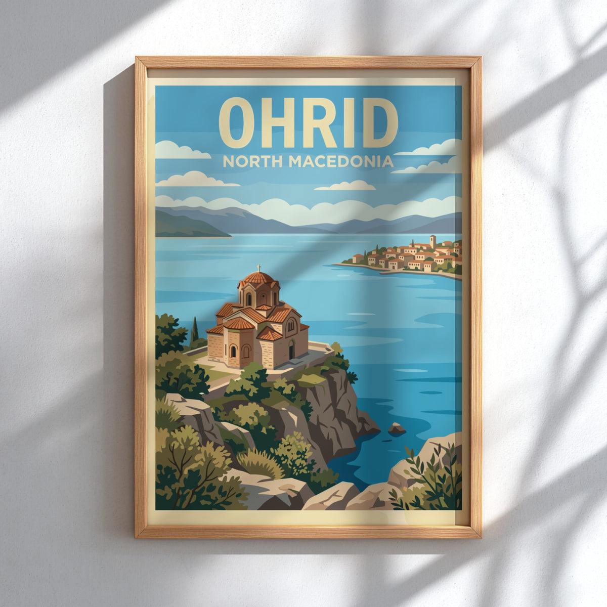 Poster featuring the historic church of Ohrid North Macedonia overlooking a blue lake