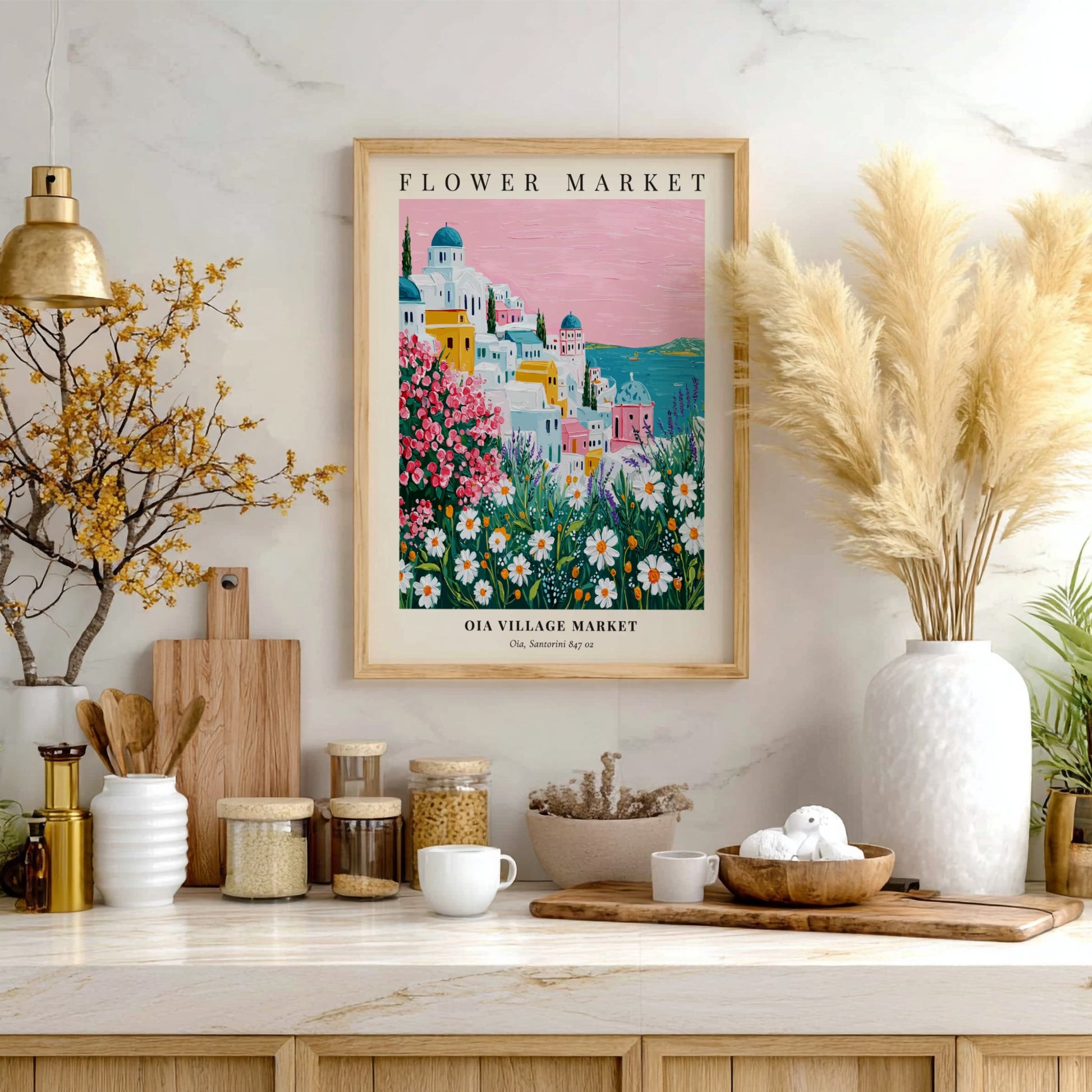 Oia Village Market art print featuring vibrant flowers and Santorini architecture in a colorful landscape