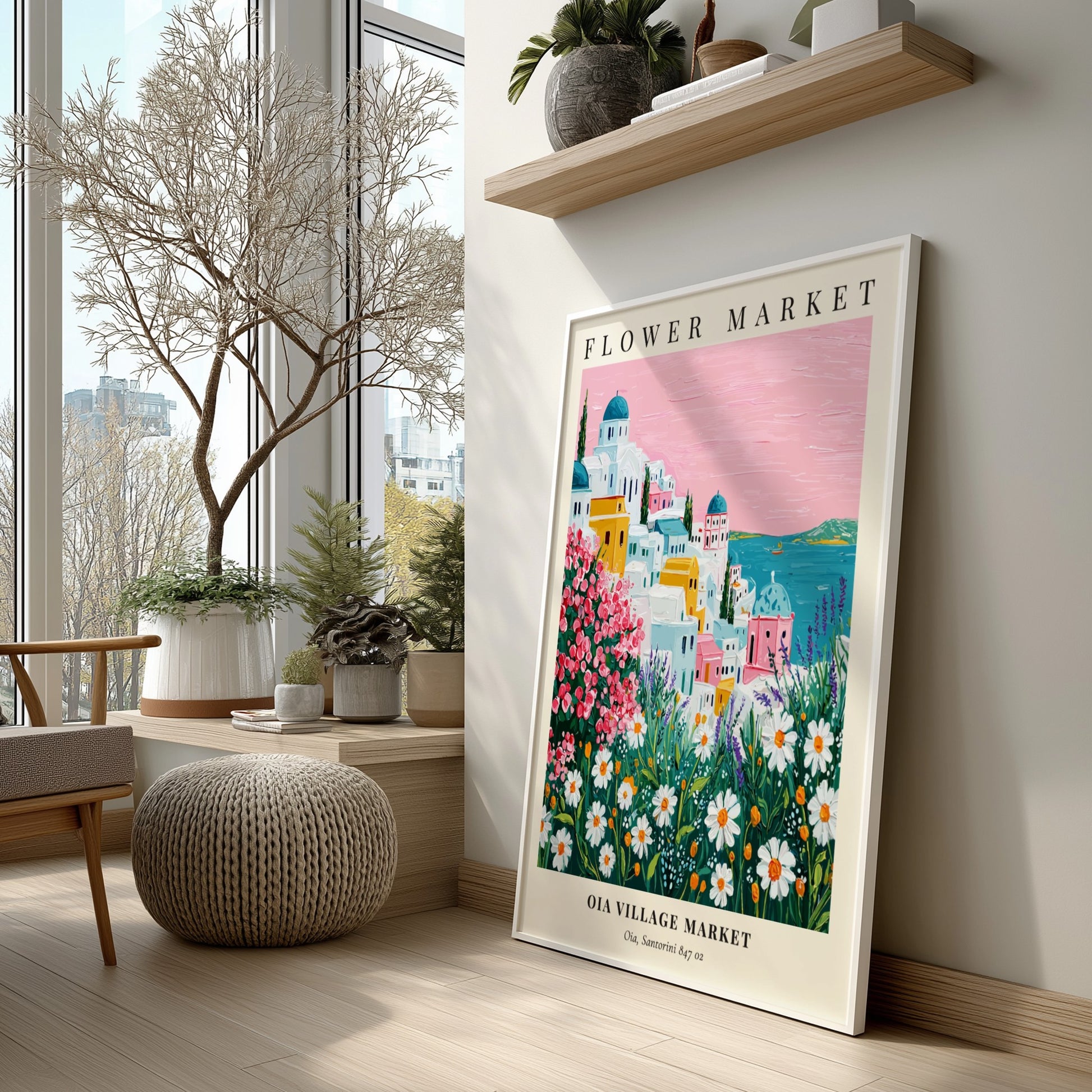 Oia Village Market art print featuring vibrant flowers and Santorini architecture in a colorful landscape