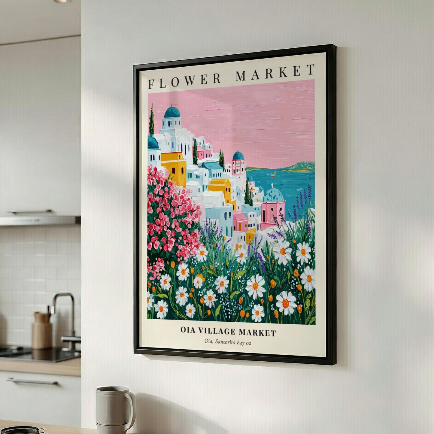 Oia Village Market art print featuring vibrant flowers and Santorini architecture in a colorful landscape