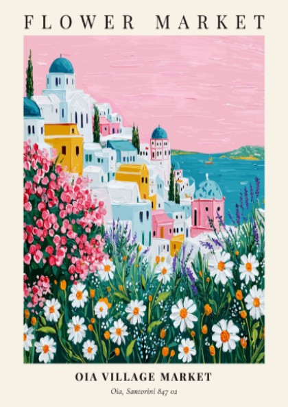 Oia Village Market art print featuring vibrant flowers and Santorini architecture in a colorful landscape