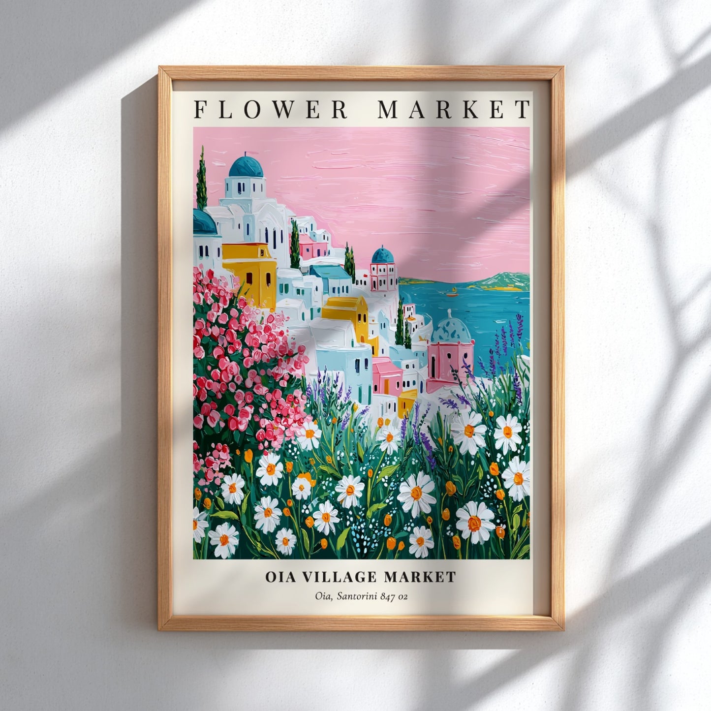 Oia Village Market art print featuring vibrant flowers and Santorini architecture in a colorful landscape