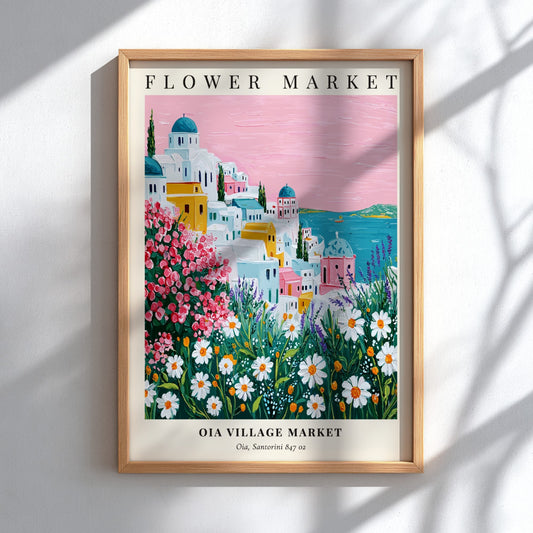 Oia Village Market art print featuring vibrant flowers and Santorini architecture in a colorful landscape