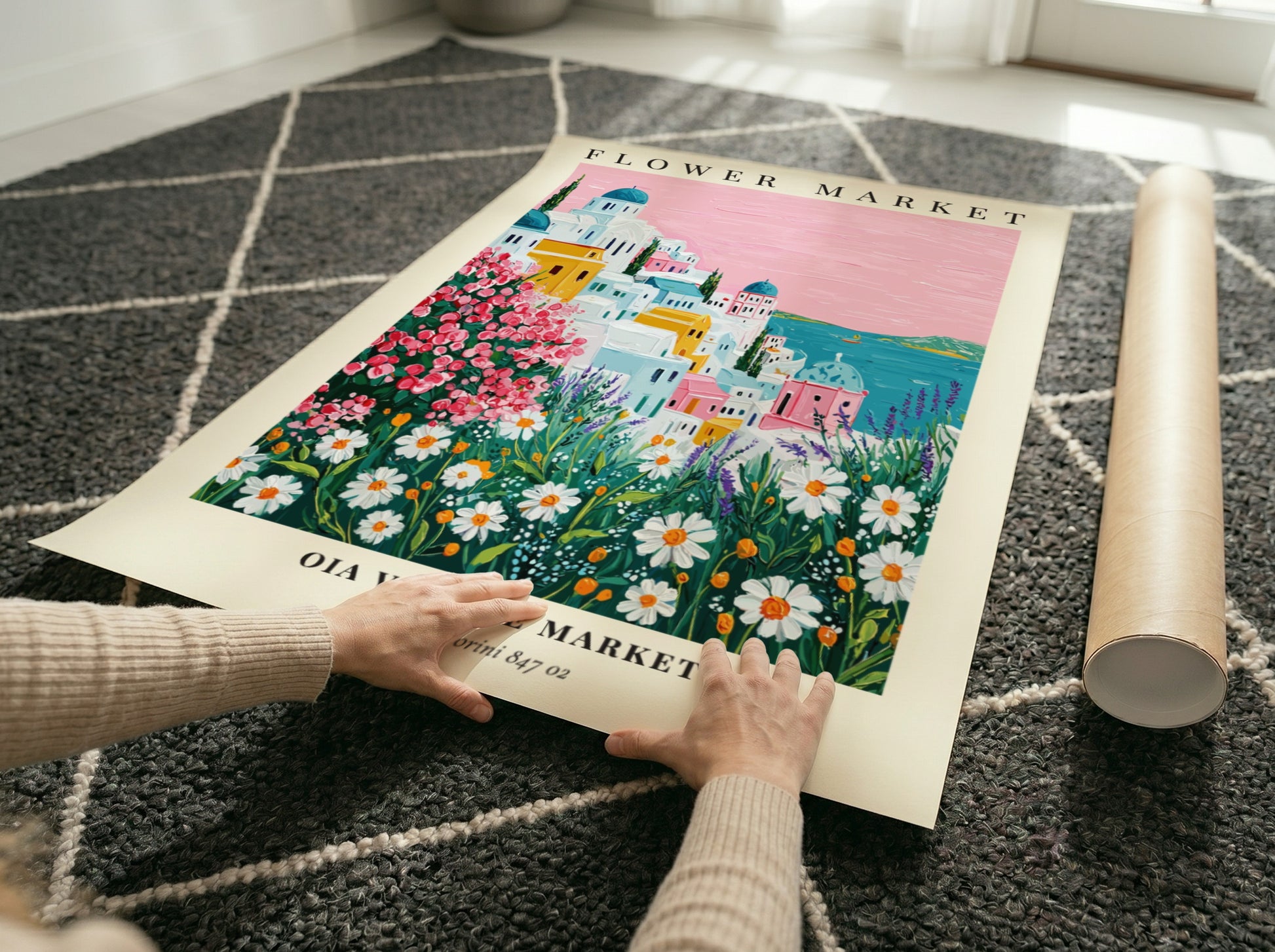 Oia Village Market art print featuring vibrant flowers and Santorini architecture in a colorful landscape