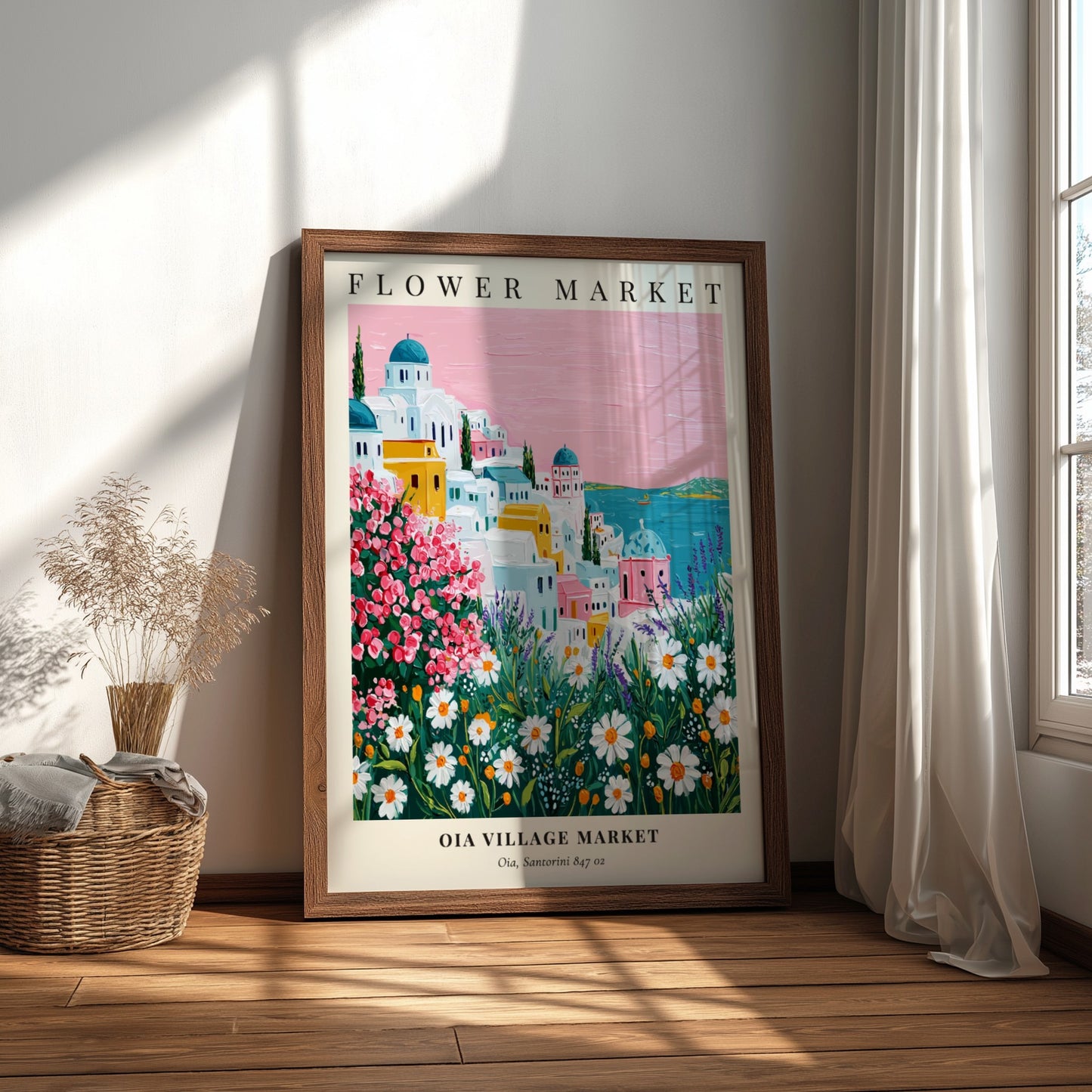 Oia Village Market art print featuring vibrant flowers and Santorini architecture in a colorful landscape