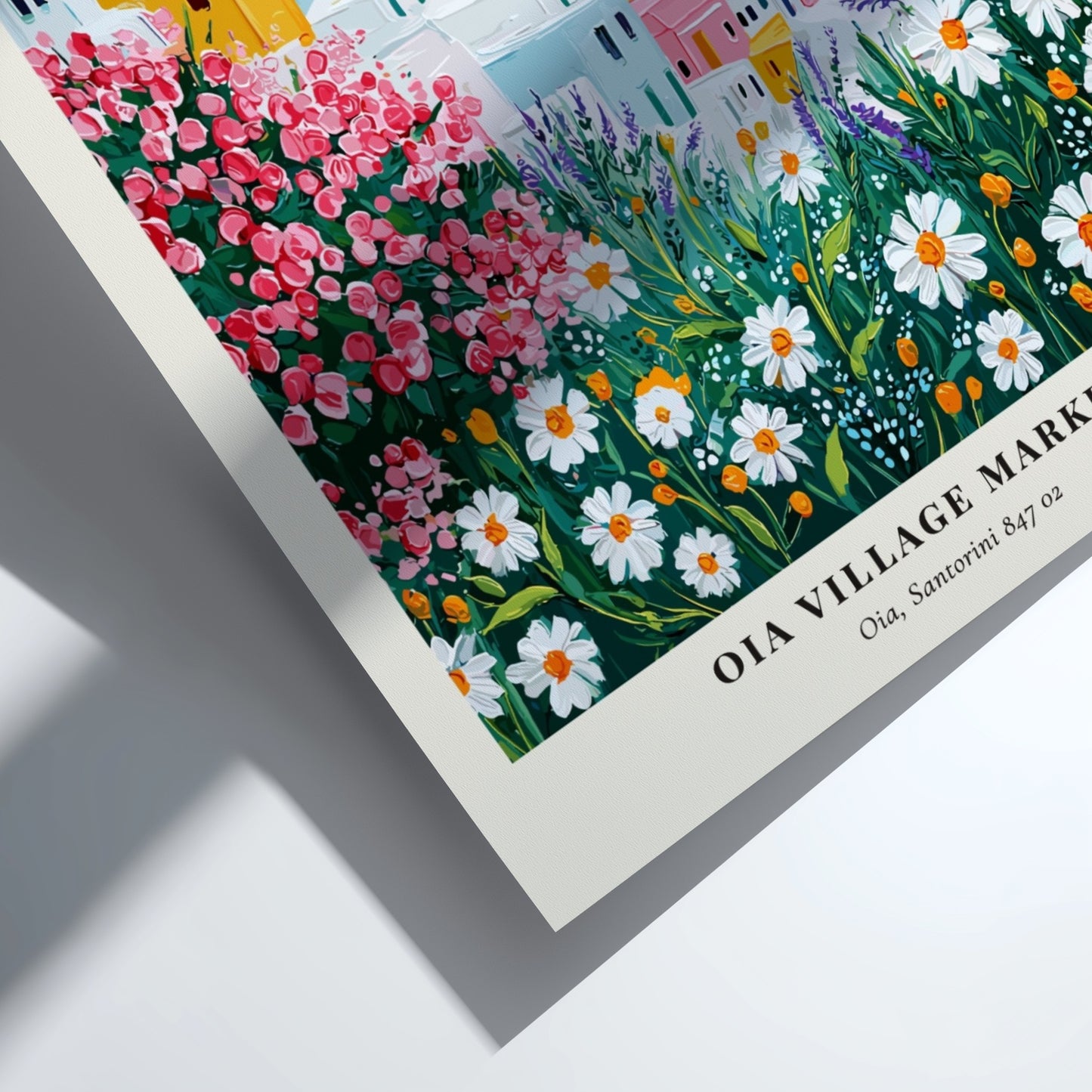 Oia Village Market art print featuring vibrant flowers and Santorini architecture in a colorful landscape