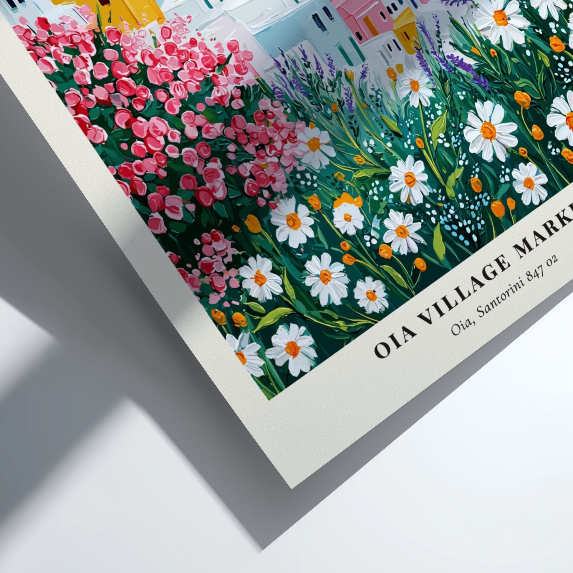 Oia Village Market art print featuring vibrant flowers and Santorini architecture in a colorful landscape