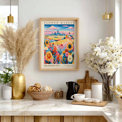 Flower market poster featuring vibrant wildflowers and Oklahoma City skyline in colorful style