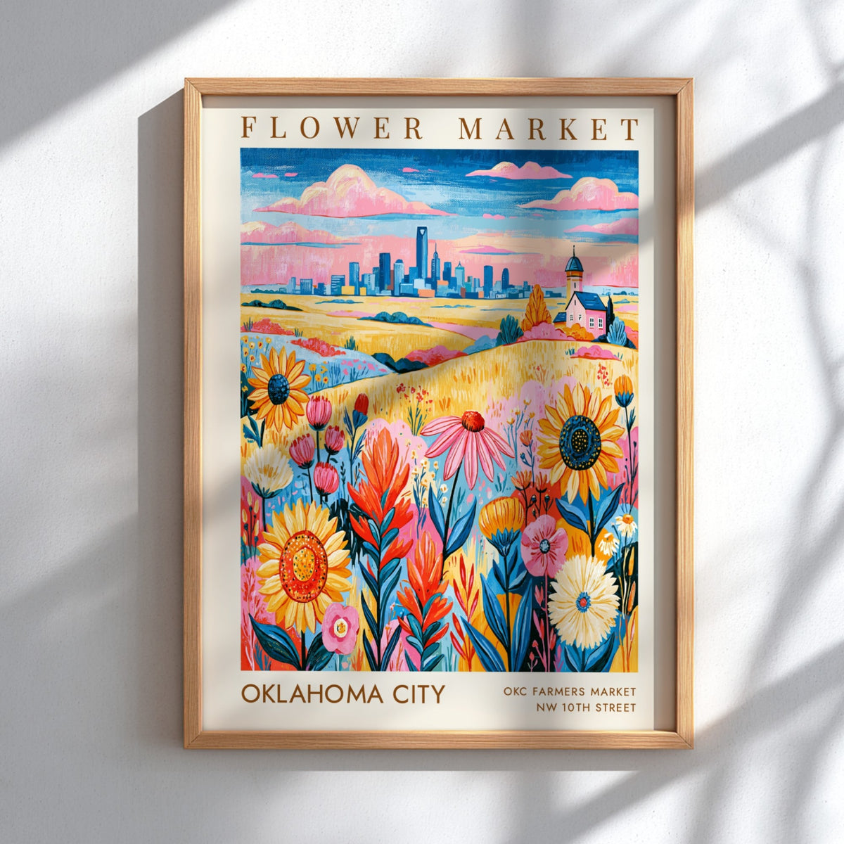 Flower market poster featuring vibrant wildflowers and Oklahoma City skyline in colorful style