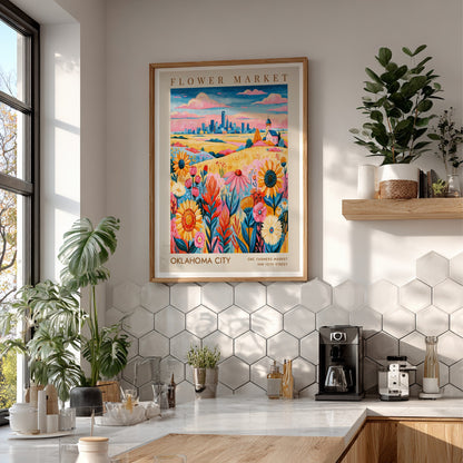 Flower market poster featuring vibrant wildflowers and Oklahoma City skyline in colorful style