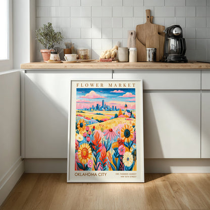 Flower market poster featuring vibrant wildflowers and Oklahoma City skyline in colorful style