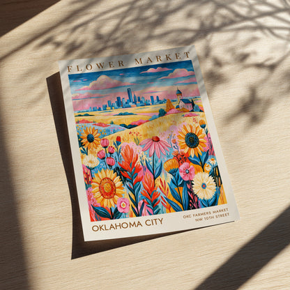 Flower market poster featuring vibrant wildflowers and Oklahoma City skyline in colorful style