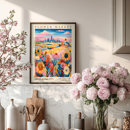 Flower market poster featuring vibrant wildflowers and Oklahoma City skyline in colorful style