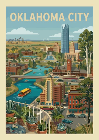 Retro Oklahoma City skyline print featuring buildings, river, and trees in a warm, vintage style.