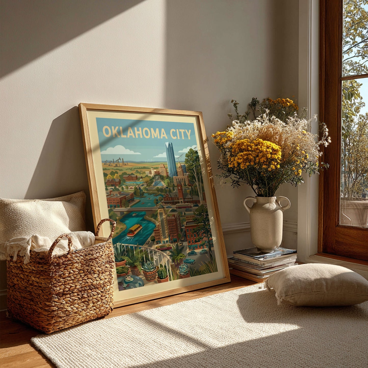 Retro Oklahoma City skyline print featuring buildings, river, and trees in a warm, vintage style.