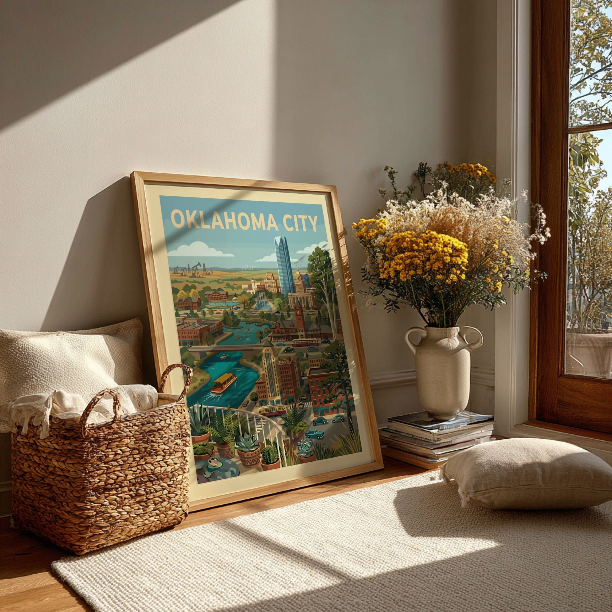 Retro Oklahoma City skyline print featuring buildings, river, and trees in a warm, vintage style.